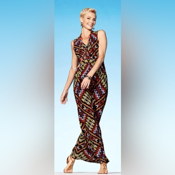 Chico’s Aztec Empire Waist Stretch V-Neck Maxi Dress Chico’s Size 0 US 4/Small - Picture 1 of 10